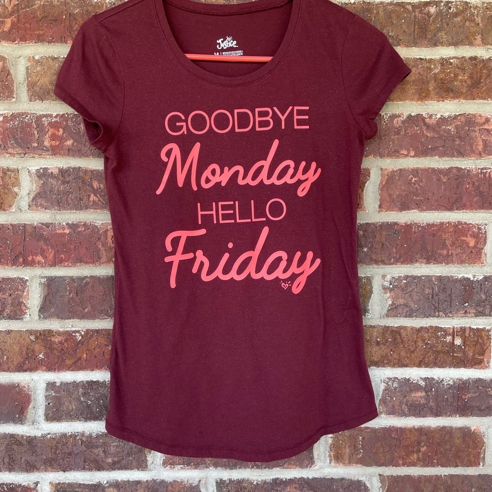 Girl’s Justice Goodbye Monday Hello Friday Sparkly Short Sleeve Shirt Size 14